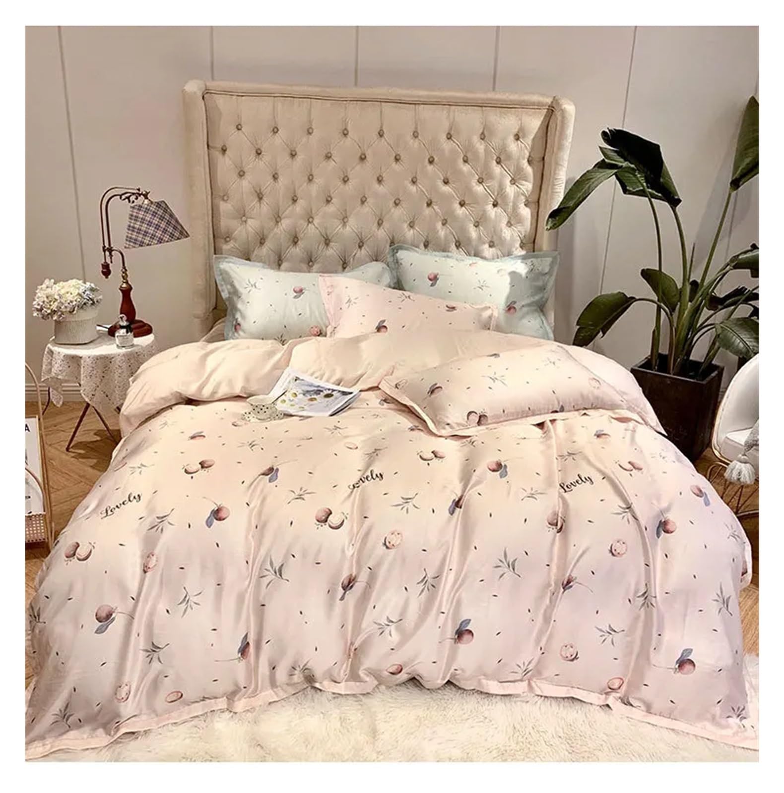 Amazon｜高級シルク花柄寝具セットクイーンキングサイズグリーンピンク